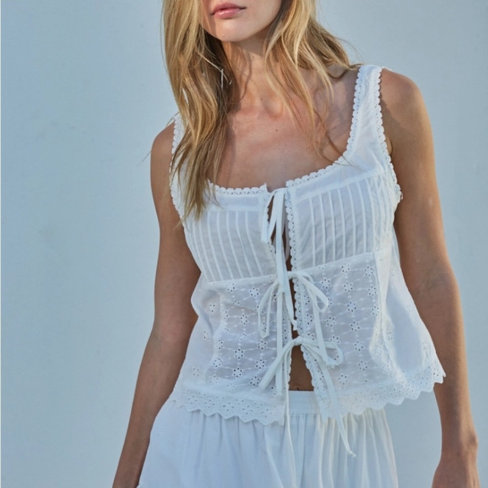 White Eyelet Lace-Up Top